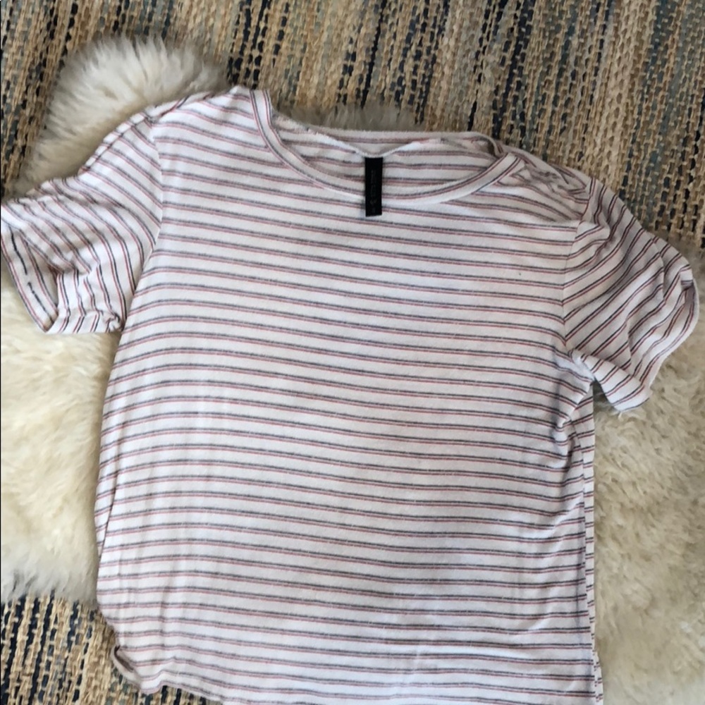 White tee with blue and red stripes. SO SOFT